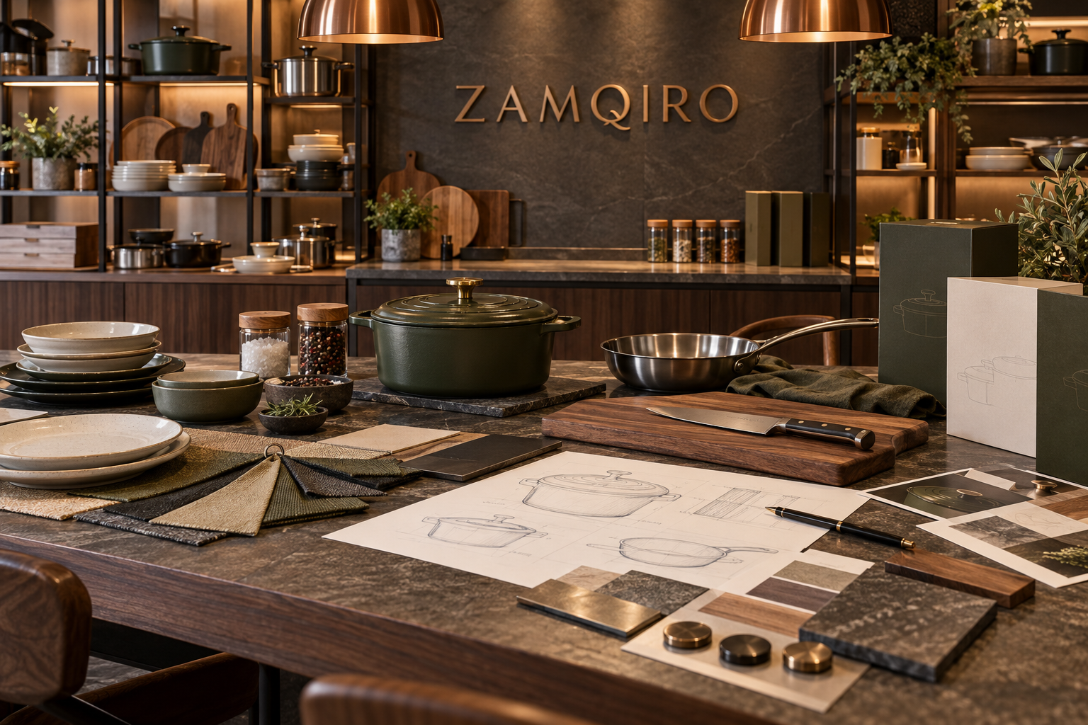 ZAMQIRO kitchenware studio with cookware sketches, material samples and finished kitchen tools